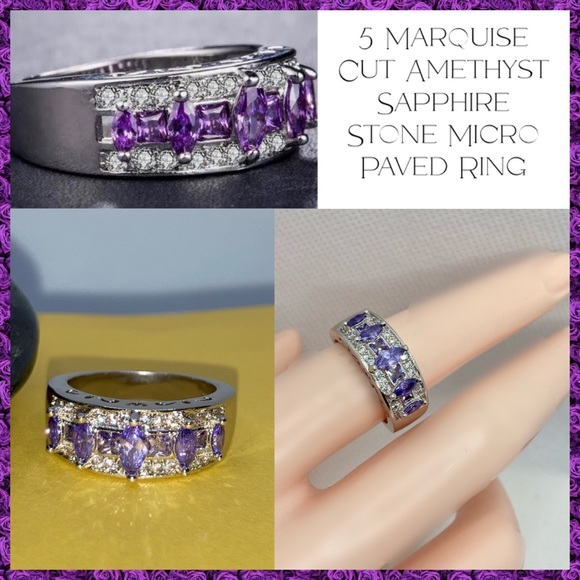 5 Marquise Stone Amethyst Sapphire 925 Silver Ring - Picture 1 of 4